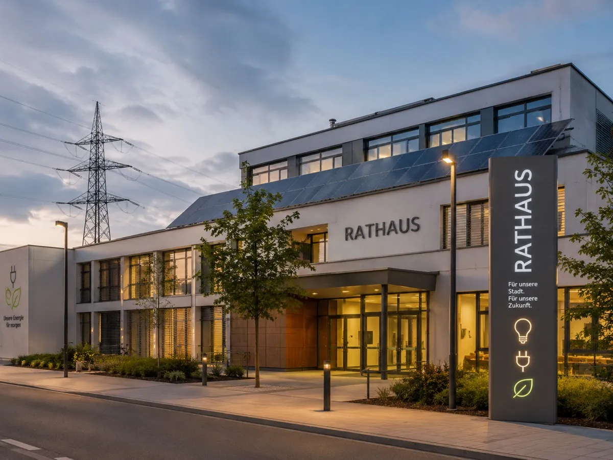 Modernes Rathaus mit Photovoltaik in der Abenddämmerung